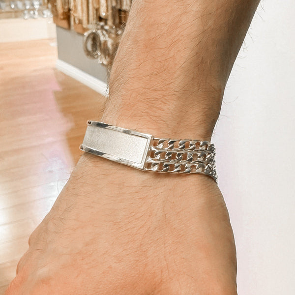 925 Sterling Silver Three Strand Curb 12mm Textured ID Bracelet