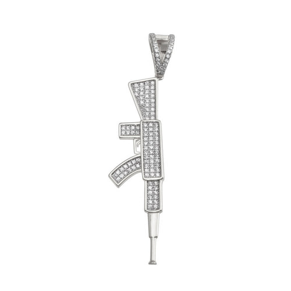 Rhodium Plated 925 Sterling Silver CZ Gun Hip Hop Pendant