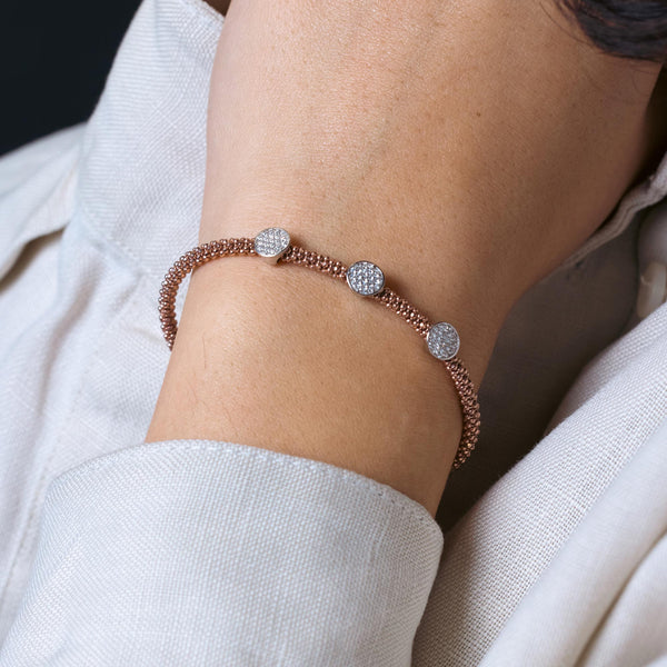 925 Sterling Silver Rhodium and Rose Gold Plated 3 Circle Clear CZ Italian Bracelet