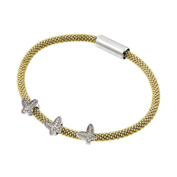 Silver 925 Rhodium and Gold Plated Butterfly Micro Pave Clear CZ Beaded Italian Bracelet