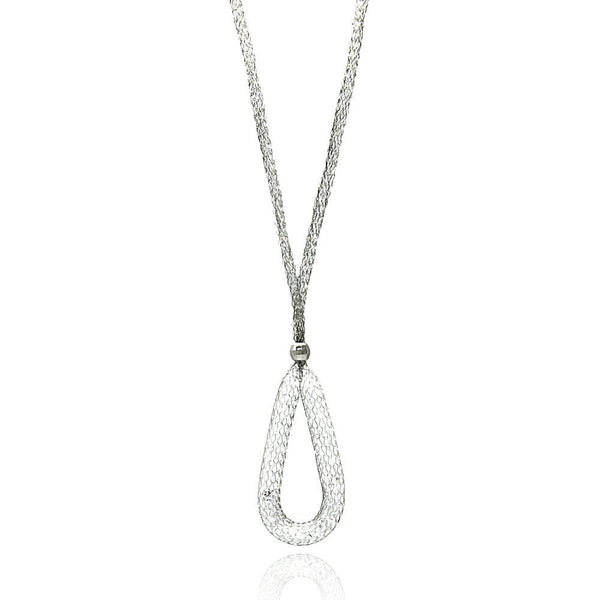 Rhodium Plated 925 Sterling Silver Mesh Necklace and Dropped Mesh Teardrop with Filled CZ