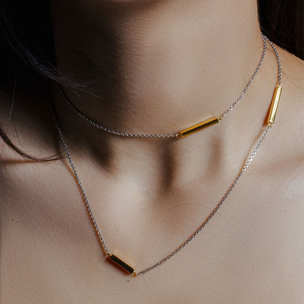 Gold Plated 925 Sterling Silver Rectangle Bar Long Necklace