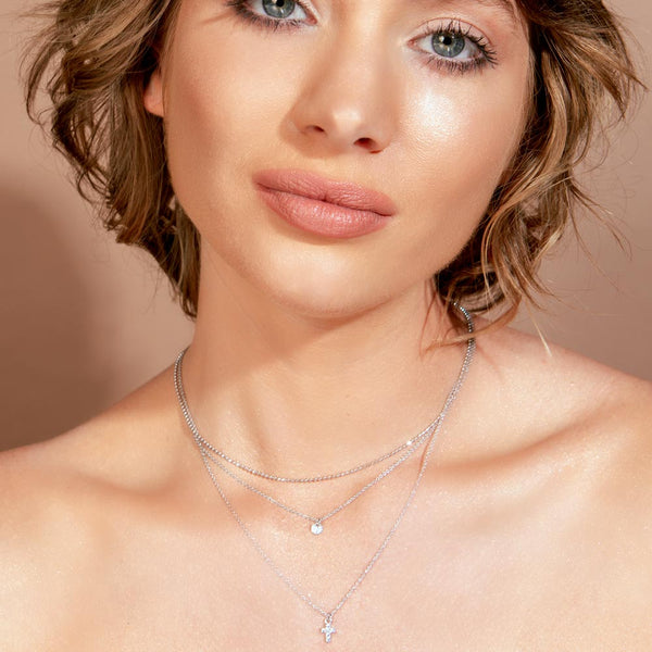 Rhodium Plated 925 Sterling Silver Triple Beaded Chain CZ Heart, Cross Necklace