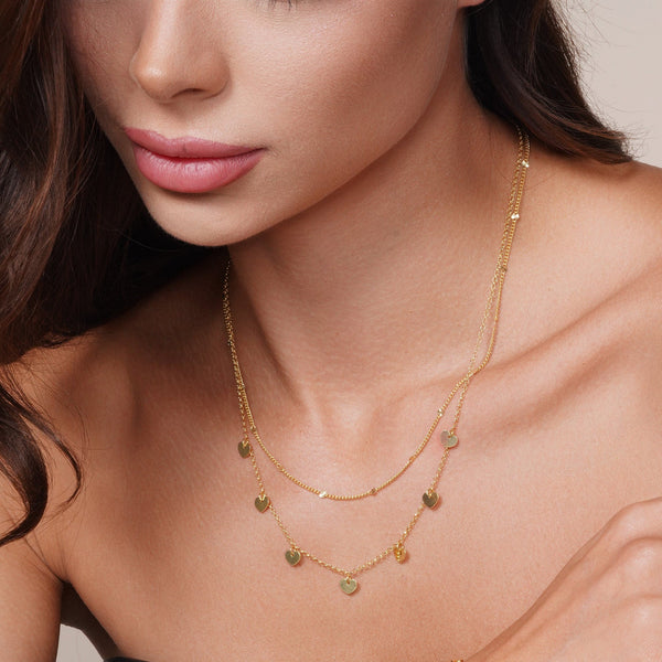 Gold Plated 925 Sterling Silver Multi Chain Dangling Heart Charm Necklace