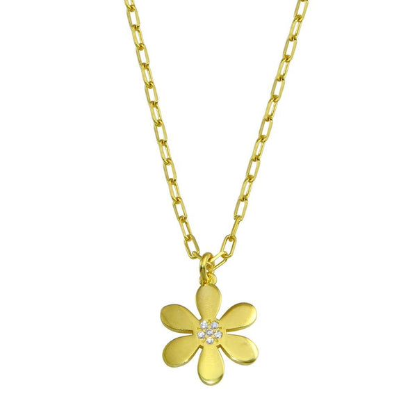 Gold Plated 925 Sterling Silver Paperclip Chain Flower CZ Necklace