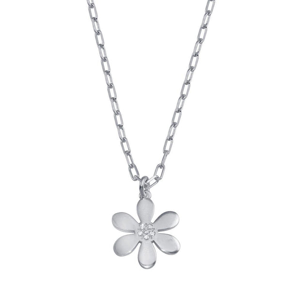 Rhodium Plated 925 Sterling Silver Paperclip Chain Flower CZ Necklace