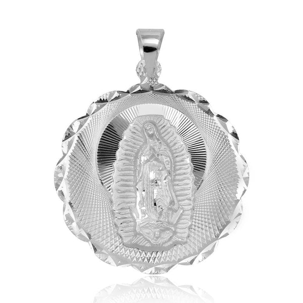 High Polished 925 Sterling Silver DC Wavy Edge Round Lady of Guadalupe Medallion Pendant