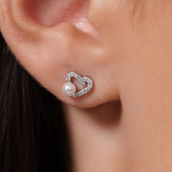 Sterling Silver Rhodium Plated Assymetrical Heart Synthetic Pearl Stud Earring