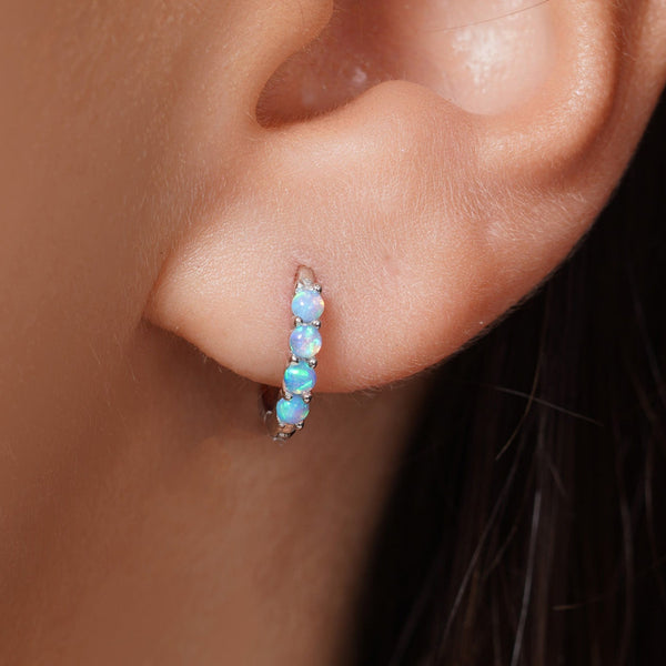 Sterling Silver Rhodium Plated Sythetic Blue Opal Hoop Earring
