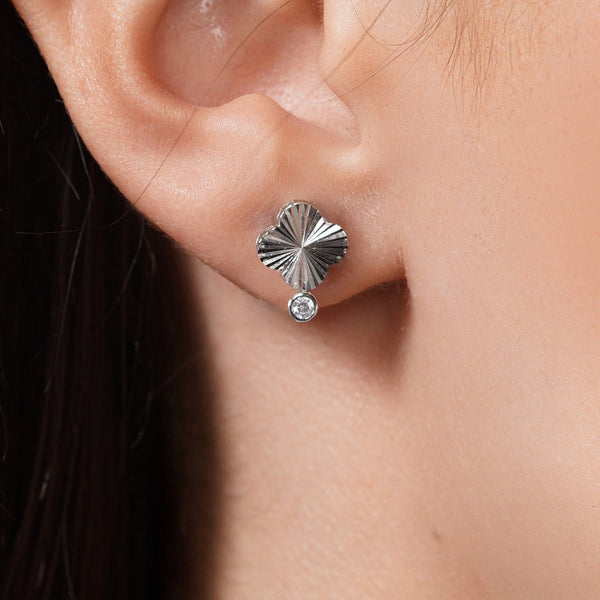 Sterling Silver Rhodium Plated Diamond Cut Clover Clear CZ Stud Earring