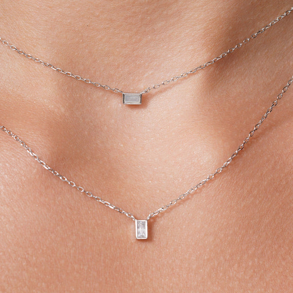 Rhodium Plated 925 Sterling Silver Layered Double Strand Baguette CZ Charm Adjustable Necklace