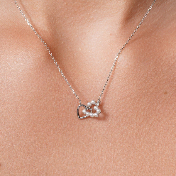 Rhodium Plated 925 Sterling Silver Intertwined Synthetic Pearl Heart Adjustable Necklace