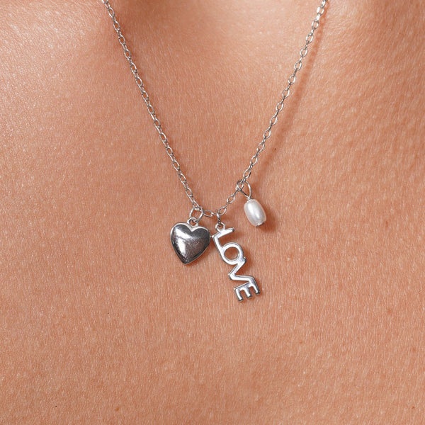Rhodium Plated 925 Sterling Silver Love Heart Synthetic Pearl Charm Adjustable Necklace