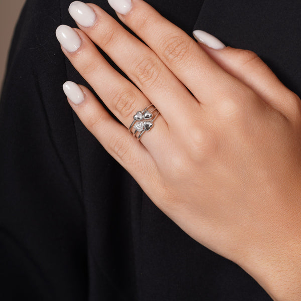 Rhodium Plated 925 Sterling Silver Heart Clover Clear CZ Ring Set