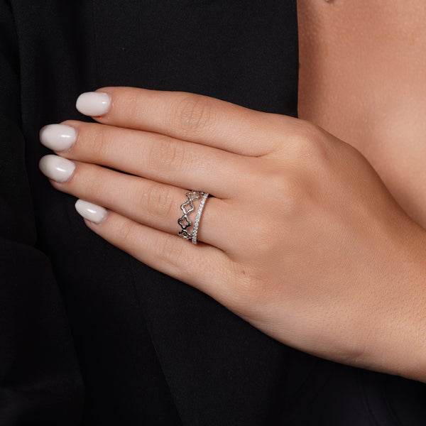 Rhodium Plated 925 Sterling Silver Eternity Clover Clear CZ Ring Set