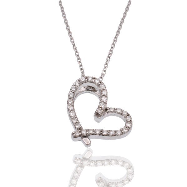 Rhodium Plated 925 Sterling Silver Lab Grown Diamond on Assymetrical Heart Pendant Adjustable Necklace