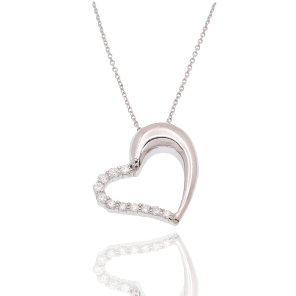 Rhodium Plated 925 Sterling Silver Lab Grown Diamond on 16.4mm x 21.1mm Assymetrical Heart Pendant Adjustable Necklace