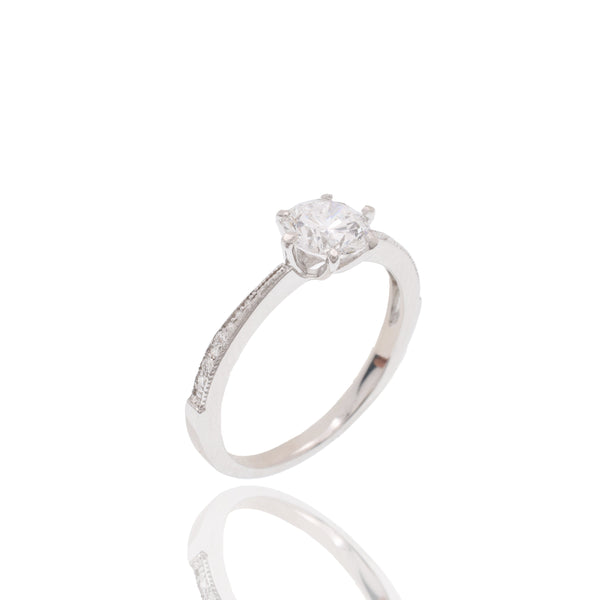 Rhodium Plated 925 Sterling Silver 6mm Round Lab Grown Diamond Pave Side Stones on Cathedral Style Engagement Ring
