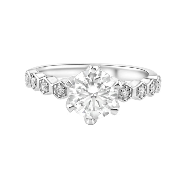 Rhodium Plated 925 Sterling Silver 1 Carat Round Moissanite and Clear CZ Ring