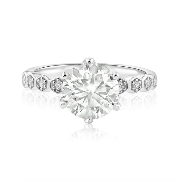Rhodium Plated 925 Sterling Silver 2 Carat Round Moissanite and Clear CZ Ring