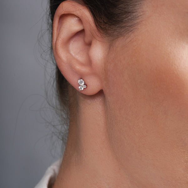 Rhodium Plated 925 Sterling Silver Triple Stone Cluster Moissanite Studded 7mm Stud Earring - MDGE00010