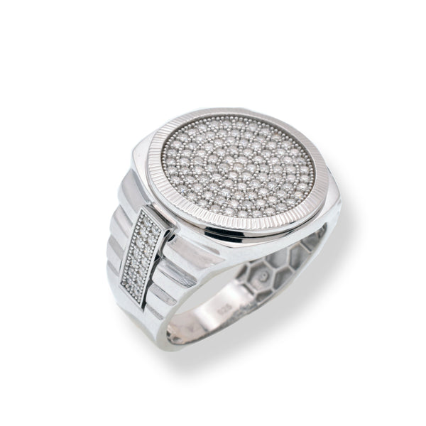 Rhodium Plated 925 Sterling Silver Men's Moissanite Stone Diamond Cut Round Bezel 18mm x 18.5mm Statement Ring