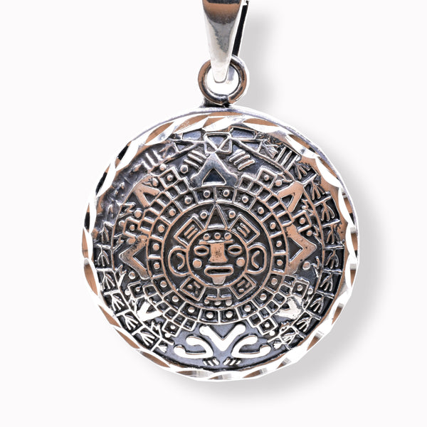 Oxidized 925 Sterling Silver Diamond Cut Puffed Aztec Mayan Calendar 3D Pendant