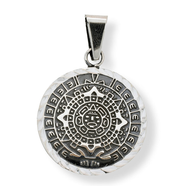 Oxidized 925 Sterling Silver Diamond Cut Flat Aztec Mayan Calendar Pendant