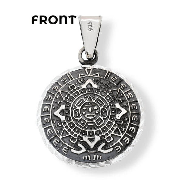 Oxidized 925 Sterling Silver Diamond Cut Puffed Aztec Mayan Calendar Double Sided Pendant