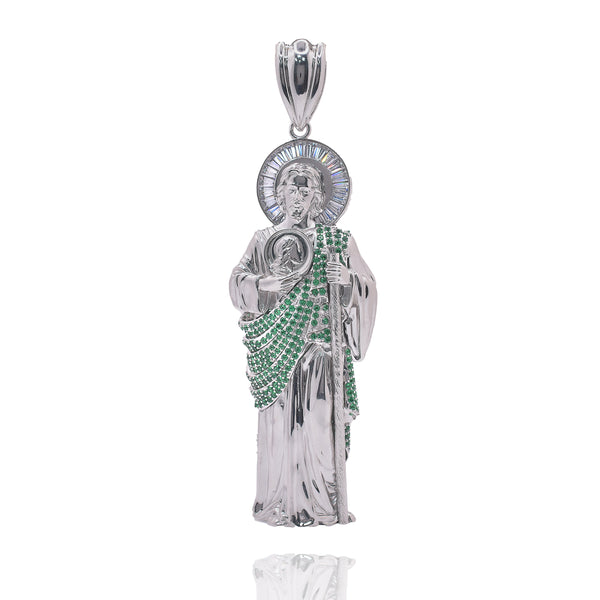Rhodium Plated 925 Sterling Silver Saint Jude Clear Baguette and Green Round CZ 39mm x 102mm Pendant