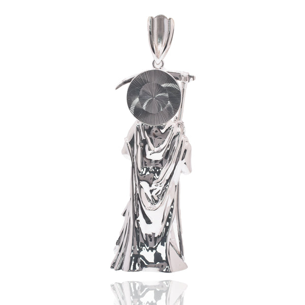 Rhodium Plated 925 Sterling Silver Santa Muerte Baguette Clear CZ 32mm x 100mm Pendant