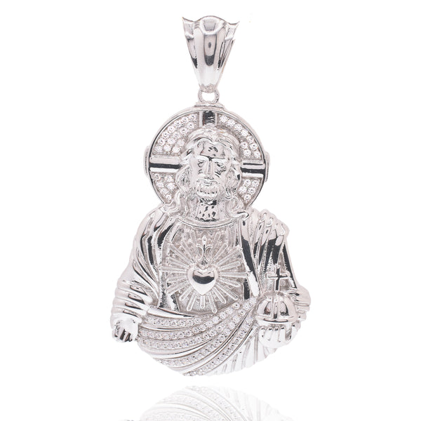 Rhodium Plated 925 Sterling Silver Jesus Christ Sacred Heart Clear CZ 43mm x 60mm Pendant