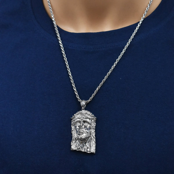 Rhodium Plated 925 Sterling Silver Jesus Christ Clear CZ Eyes 26mm x 46mm Pendant