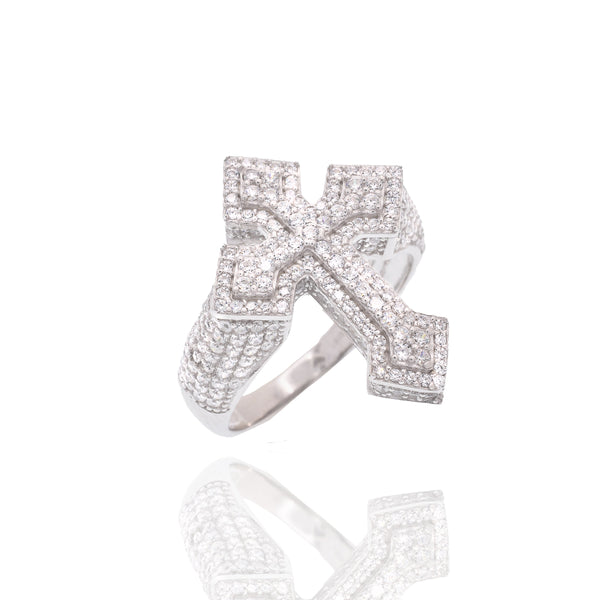 Rhodium Plated 925 Sterling Silver Men's Iced Out Cross Pave CZ Statement Ring