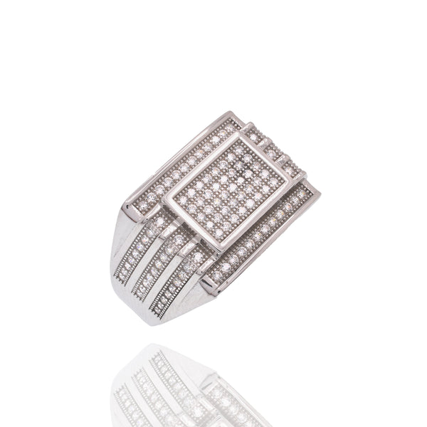 Rhodium Plated 925 Sterling Silver Men's CZ Rectangle Modern Iced Out Statement Band Ring