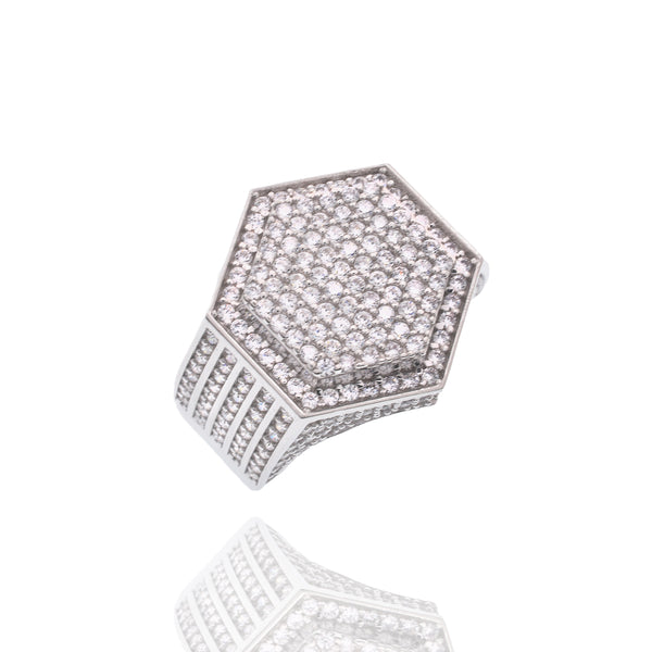 Rhodium Plated 925 Sterling Silver Men's Hexagon Iced Out Clear CZ Statement Ring