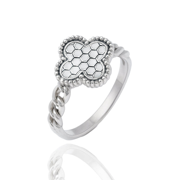 Rhodium Plated 925 Sterling Silver 8mm Clover Clear CZ Ring
