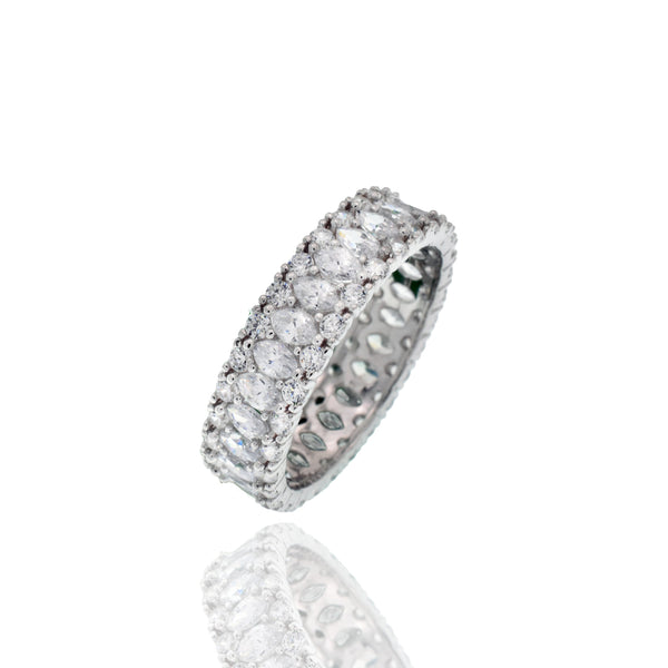 Rhodium Plated 925 Sterling Silver 5.4mm Triple Row Eternity Band Clear CZ Ring