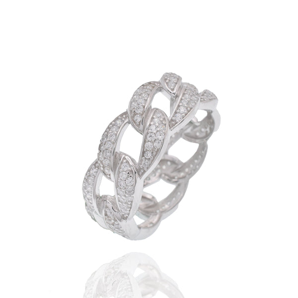 Rhodium Plated 925 Sterling Silver Iced Cuban Link Clear CZ 8.7mm Ring