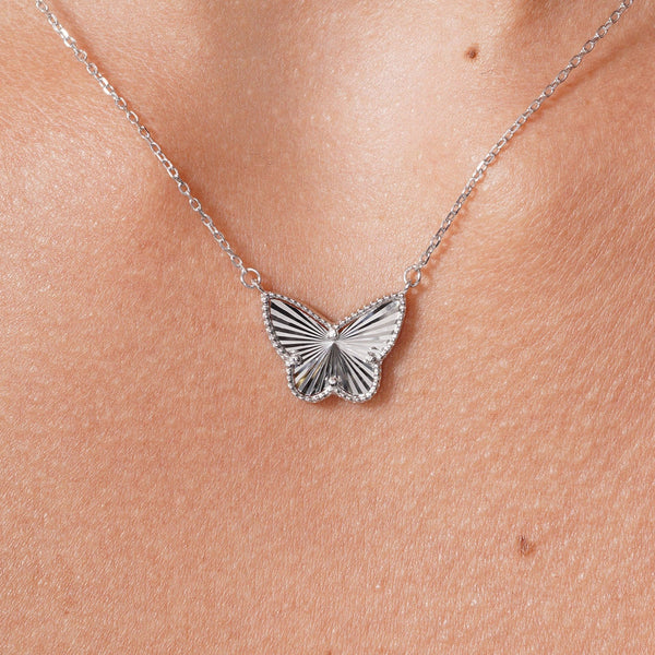 Rhodium Plated 925 Sterling Silver Diamond Cut Butterfly Charm 15.3mm x 12mm Adjustable Necklace
