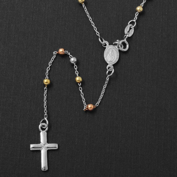 Silver 925 High Polished 3 Toned Rosary 3mm Large Cross