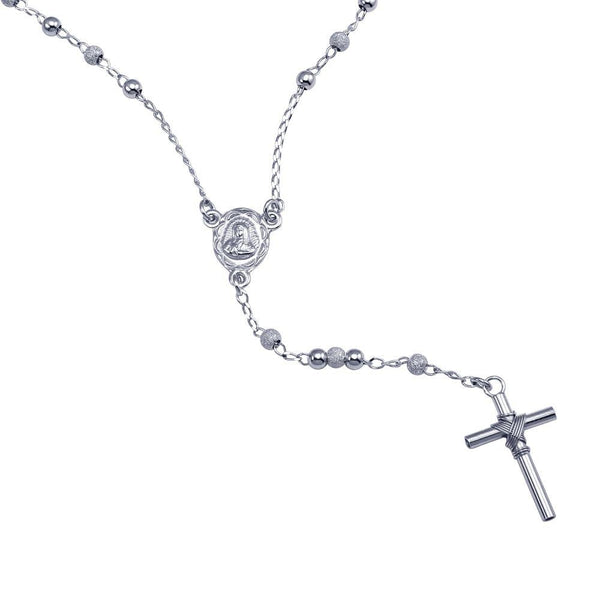 Rhodium Plated 925 Sterling Silver Alternating Glittered and Plain Beads Rosary Necklace