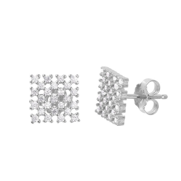 Silver 925 Rhodium Plated Checkered CZ Stud Earrings