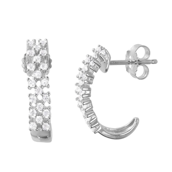Silver 925 Rhodium Plated Thin Checkered CZ Semi-huggie hoop Earrings