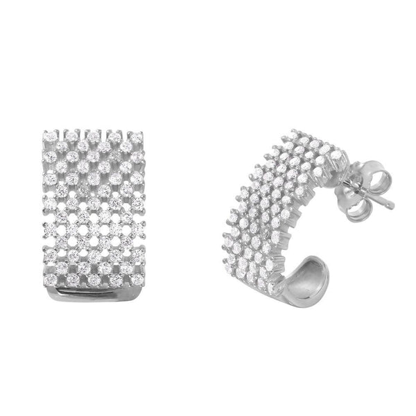 Silver 925 Rhodium Plated Thick Checkered CZ Semi-huggie hoops Earrings