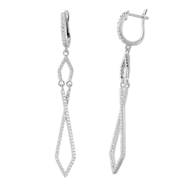 Silver 925 Rhodium Plated Dangling Open Square CZ huggie hoop Earrings