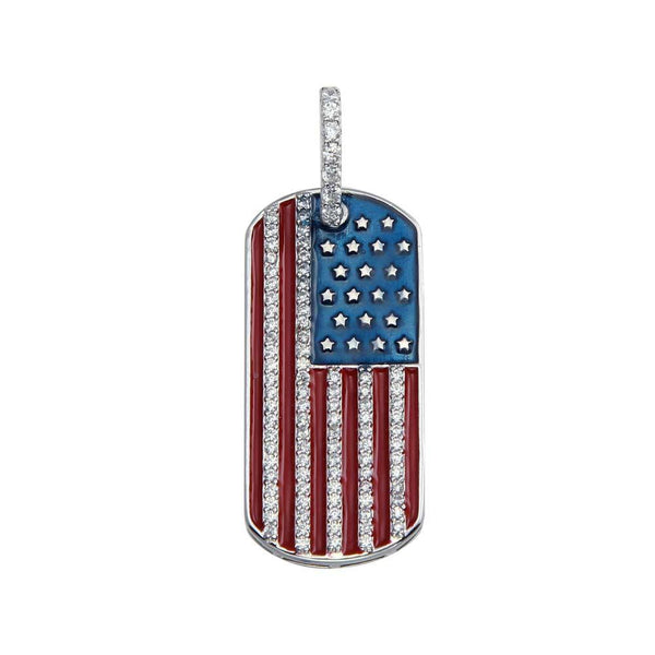 American Flag Dog Tag Hip Hop Pendant - Rhodium Plated 925 Sterling Silver