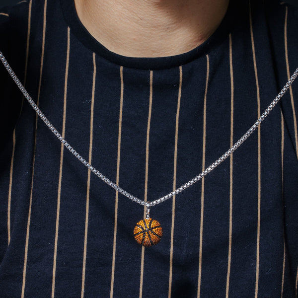 Rhodium Plated 925 Sterling Silver Basketball Black and Orange CZ Pendant