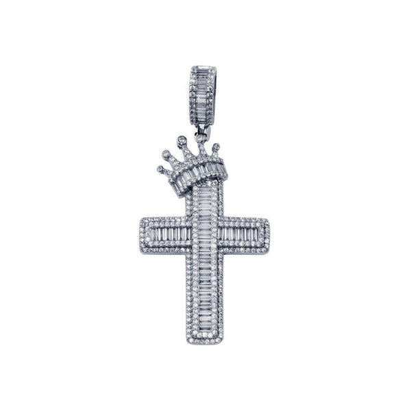 Rhodium Plated 925 Sterling Silver CZ  Crown Cross Hip Hop Pendant