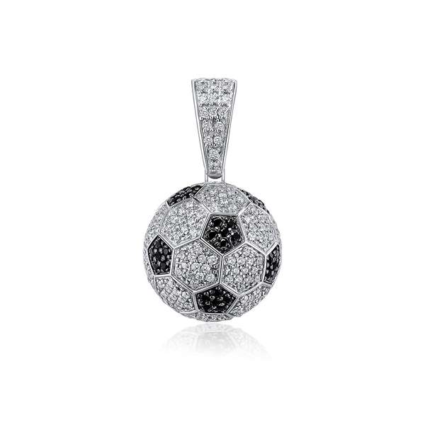 Rhodium Plated 925 Sterling Silver Football Soccer Clear and Black CZ Pendant